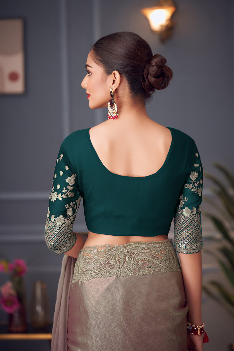 Monjolika Fashion Grey Embroidered Double Tone Silk Blend Designer Saree