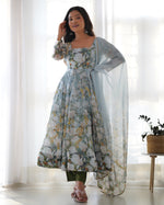 Thumbnail for Lorenvalley Grey Soft Organza Silk With Floral Print Fully Flared Anarkali Pant With Dupatta Set