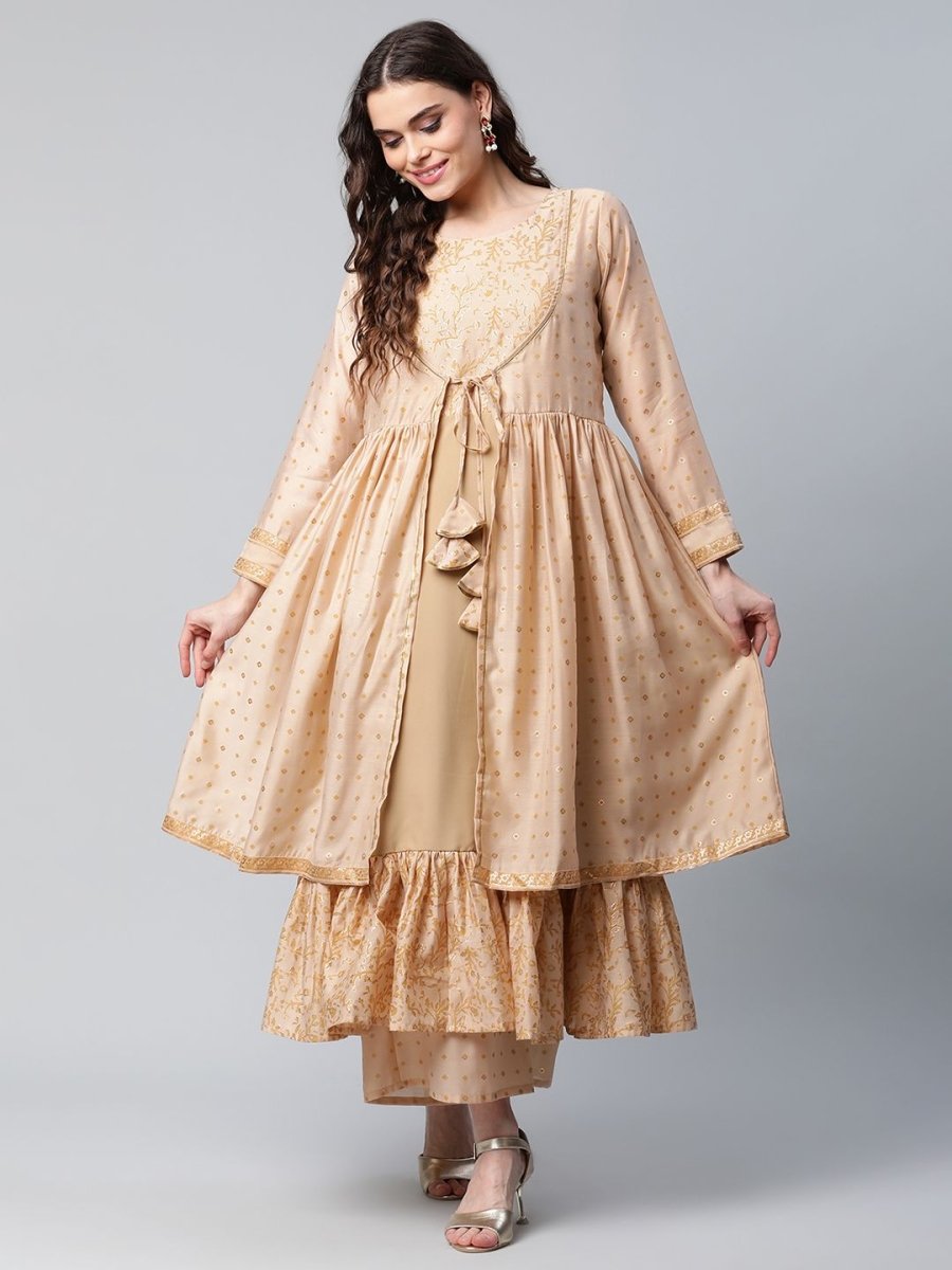 Ahalyaa Womens Beige Chanderi Kurta Palazzo Set with Dupatta - Distacart
