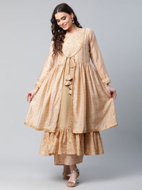 Thumbnail for Ahalyaa Womens Beige Chanderi Kurta Palazzo Set with Dupatta - Distacart