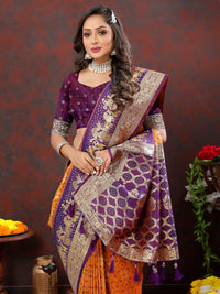 Thumbnail for Vastranavya Orange Soft Patola Silk With Meenakari Weaving Motifs And Rich Zari Weaving Pallu Saree With Matching Blouse Fabric - Distacart