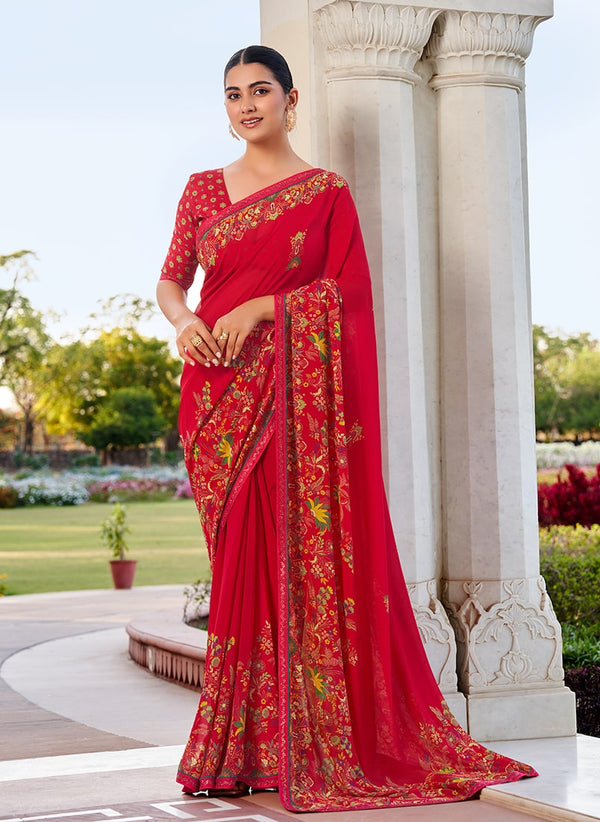 Monjolika Fashion Red Printed Georgette Contemporary Saree