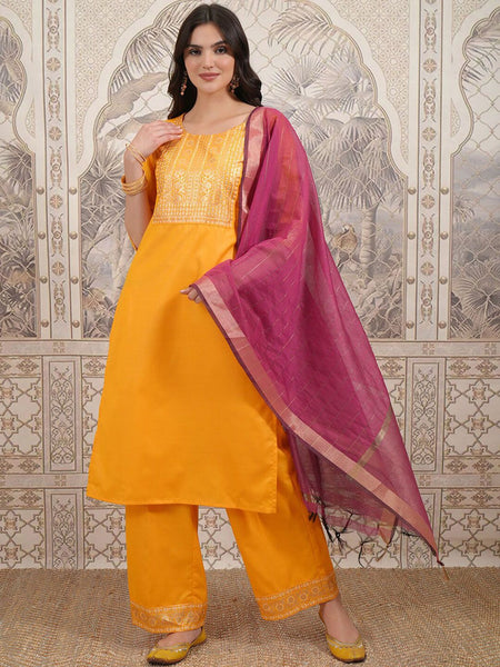 Vishudh Floral Yoke Design Straight Kurta with Palazzos & With Dupatta - Distacart