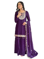 Thumbnail for The52 Women's Gorgeous Vichitra Silk Embroidery Straight Kurta with Sharara and Dupatta Set