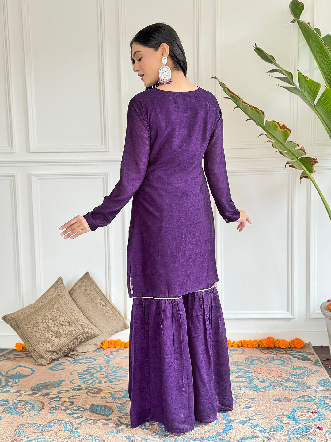 The52 Women's Gorgeous Vichitra Silk Embroidery Straight Kurta with Sharara and Dupatta Set