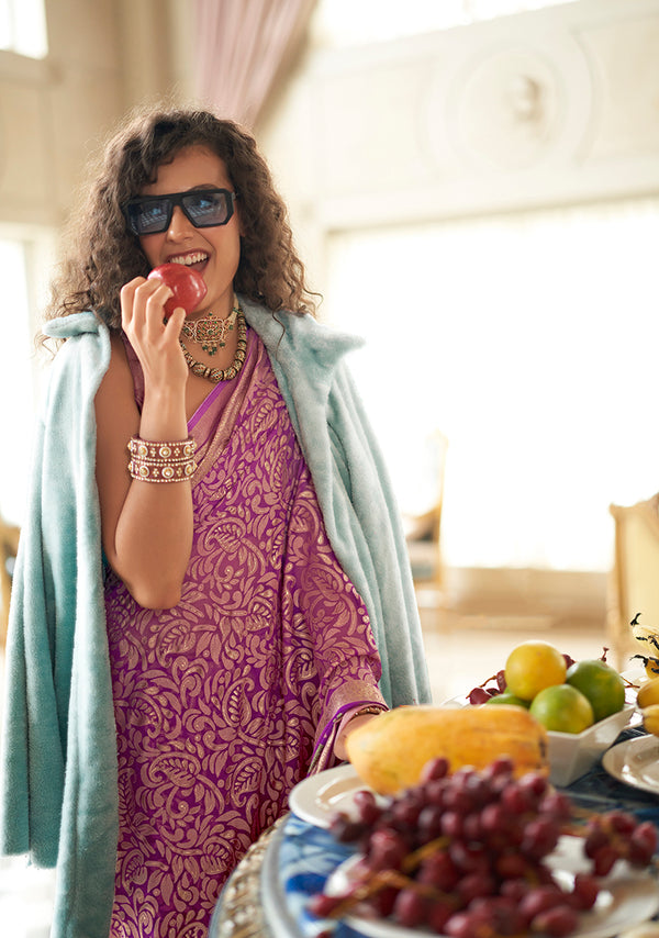 Monjolika Fashion Magenta Fancy Foil Print Work Georgette Classic Saree