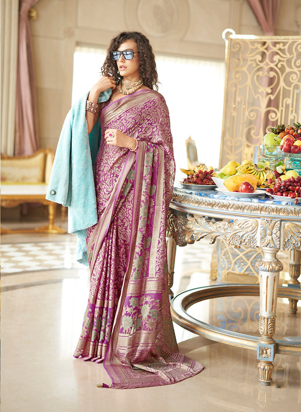 Monjolika Fashion Magenta Fancy Foil Print Work Georgette Classic Saree