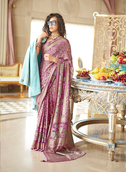 Monjolika Fashion Magenta Fancy Foil Print Work Georgette Classic Saree