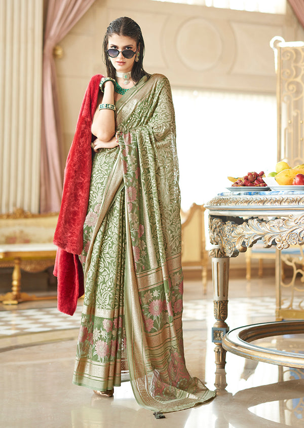 Monjolika Fashion Light Green Fancy Foil Print Work Georgette Classic Saree