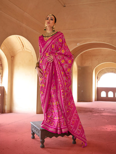 Monjolika Fashion Rani Pink Silk Patola Design Saree for Festival