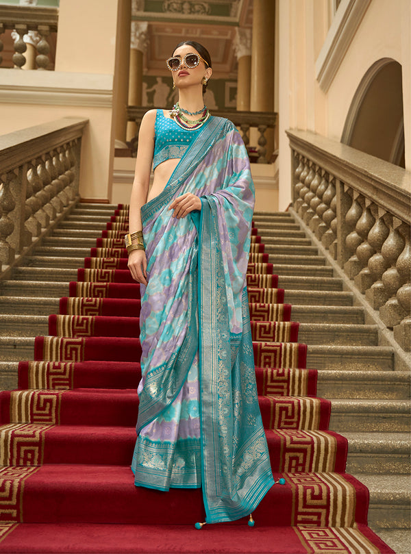 Monjolika Fashion Multi Color Satin Weaving Print Classic Saree