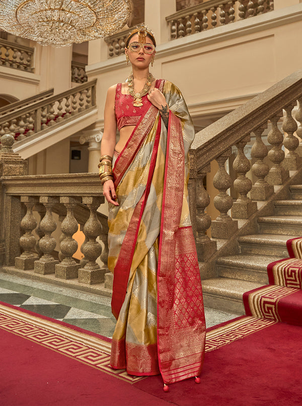 Monjolika Fashion Multi Color Satin Weaving Print Classic Saree