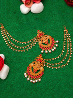 Thumbnail for Aadita Red Gold-Toned & White Pearls Studded Contemporary Drop Earrings With Hair Chain - Distacart