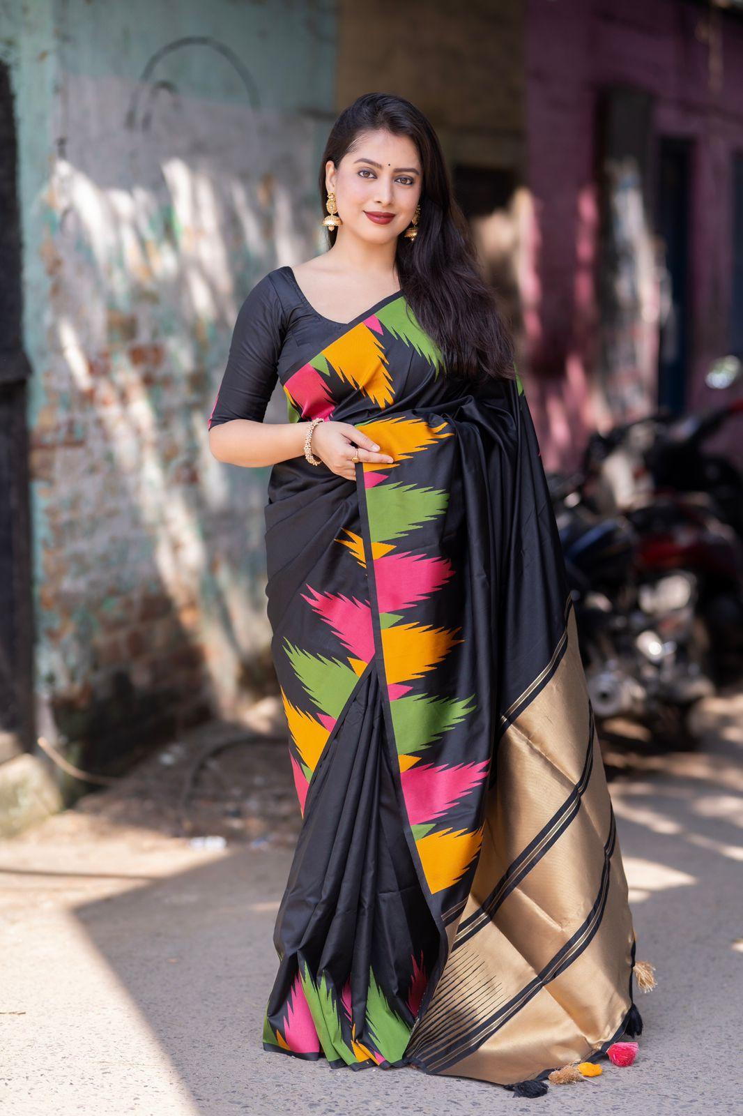 Black Polycotton Woven Design Saree with Unstitched Blouse - A2M