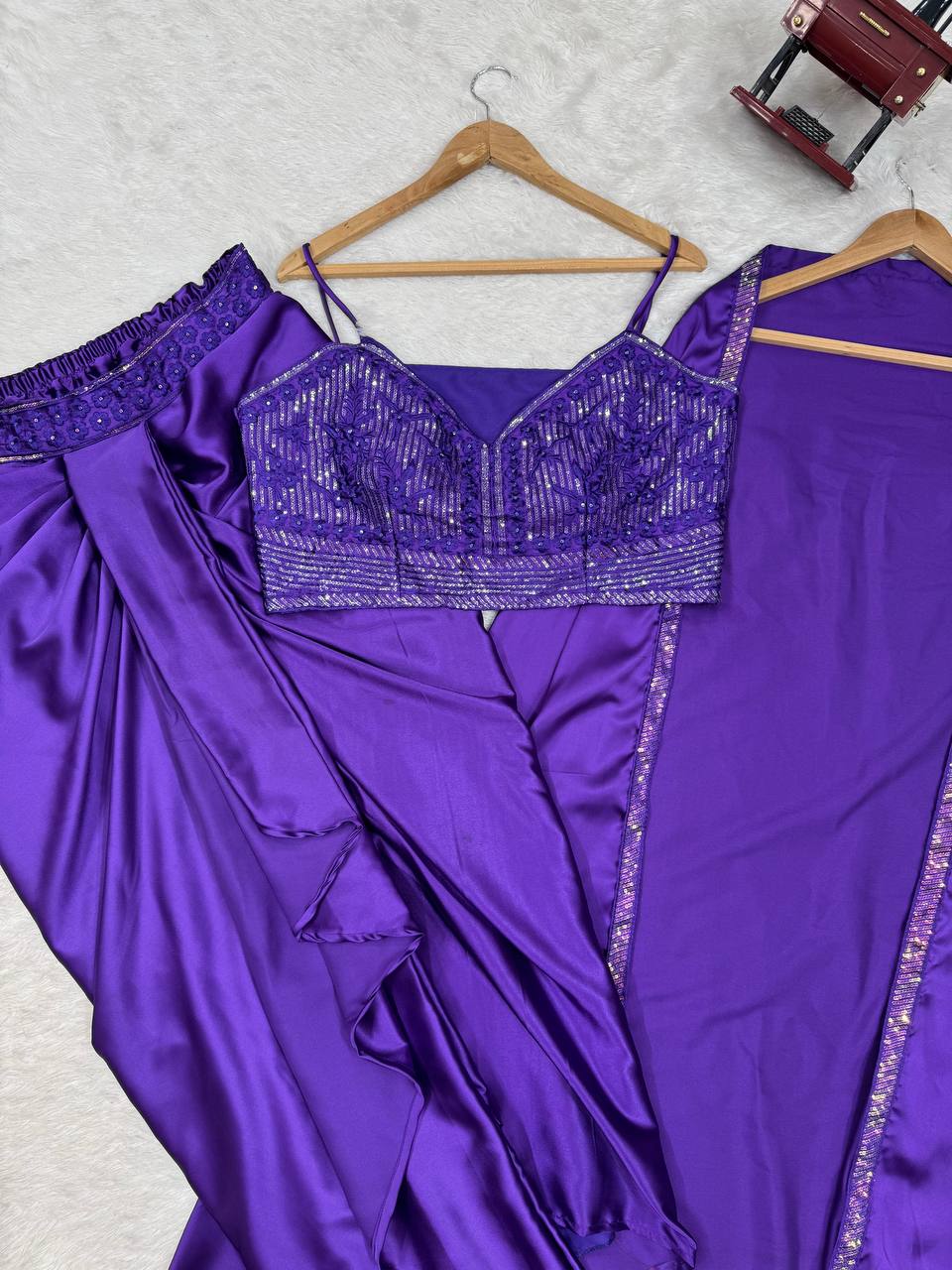 Prazu Fashion Violet Satin Silk Thread Sequence Western Dhoti With Strug