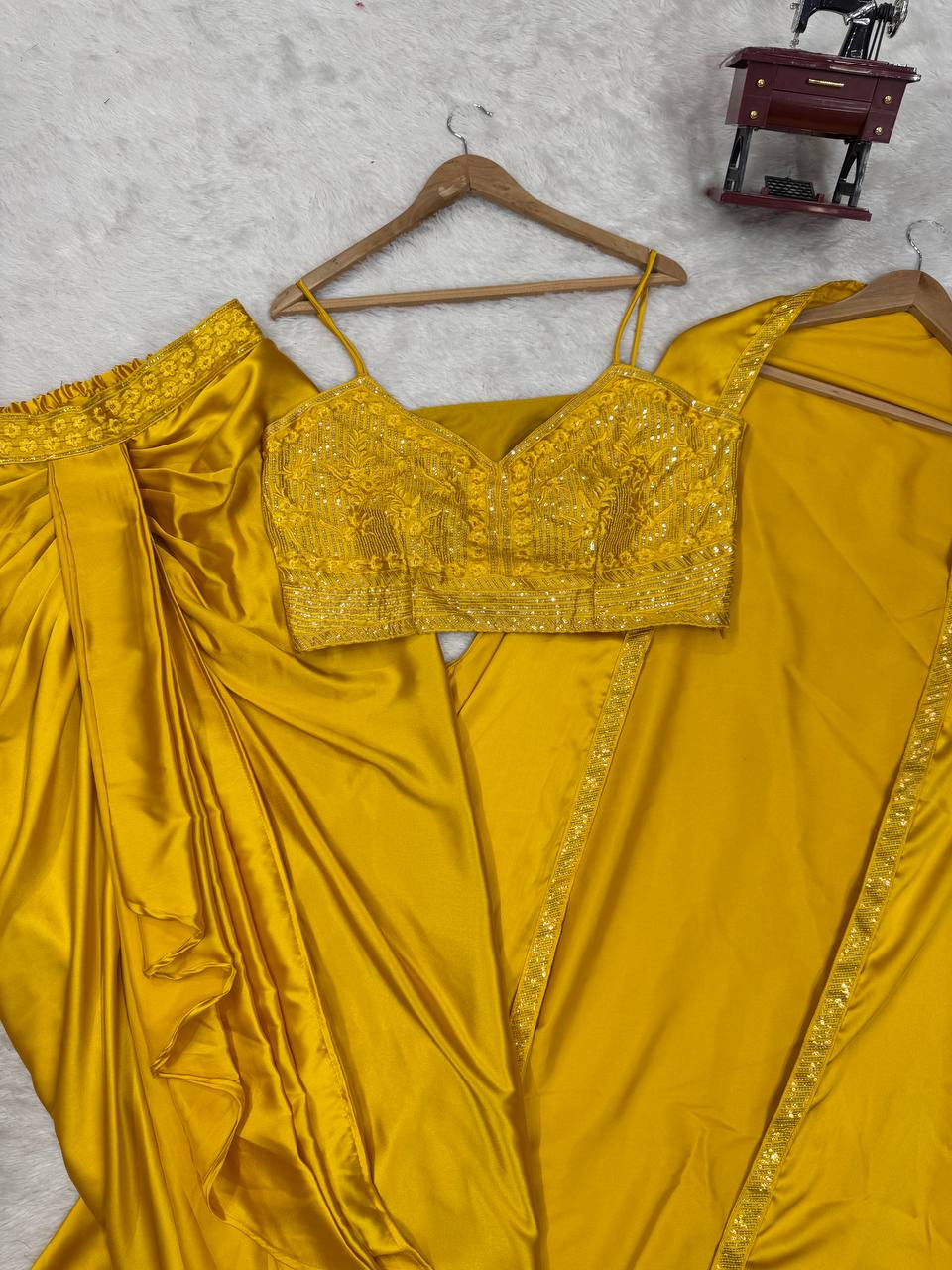 Prazu Fashion Yellow Satin Silk Thread Sequence Western Dhoti With Strug