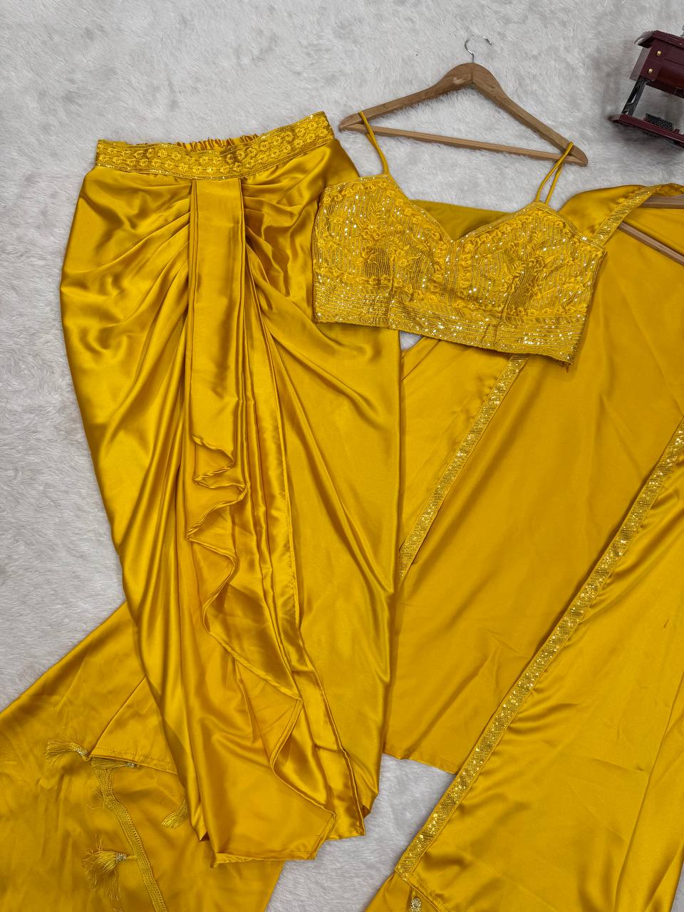 Prazu Fashion Yellow Satin Silk Thread Sequence Western Dhoti With Strug