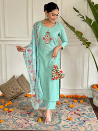 Thumbnail for Lyush Women Party Wear Embroidery Worked Kurta With Pant And Dupatta Set - Firozi