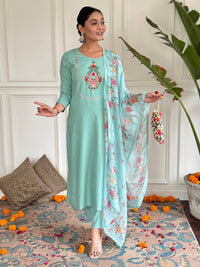 Thumbnail for Lyush Women Party Wear Embroidery Worked Kurta With Pant And Dupatta Set - Firozi