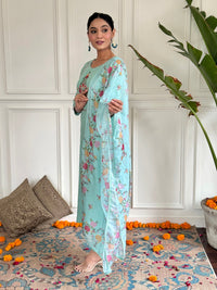Thumbnail for Lyush Women Party Wear Embroidery Worked Kurta With Pant And Dupatta Set - Firozi