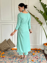 Thumbnail for Lyush Women Party Wear Embroidery Worked Kurta With Pant And Dupatta Set - Firozi