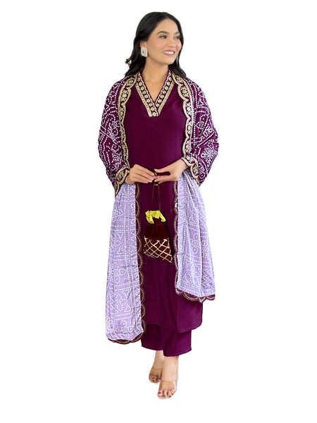 Lyush Women's V Neck Work Viscose Silk Fabric Kurta Pant With Dupatta Set - Maroon