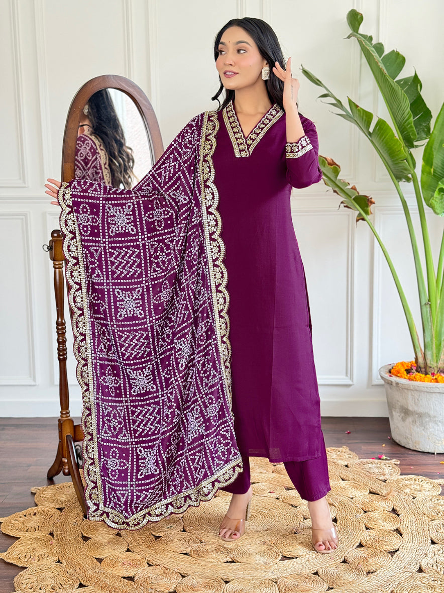 Lyush Women's V Neck Work Viscose Silk Fabric Kurta Pant With Dupatta Set - Maroon