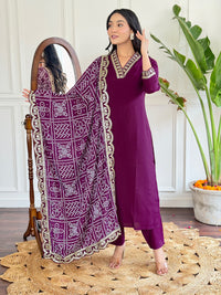 Thumbnail for Lyush Women's V Neck Work Viscose Silk Fabric Kurta Pant With Dupatta Set - Maroon