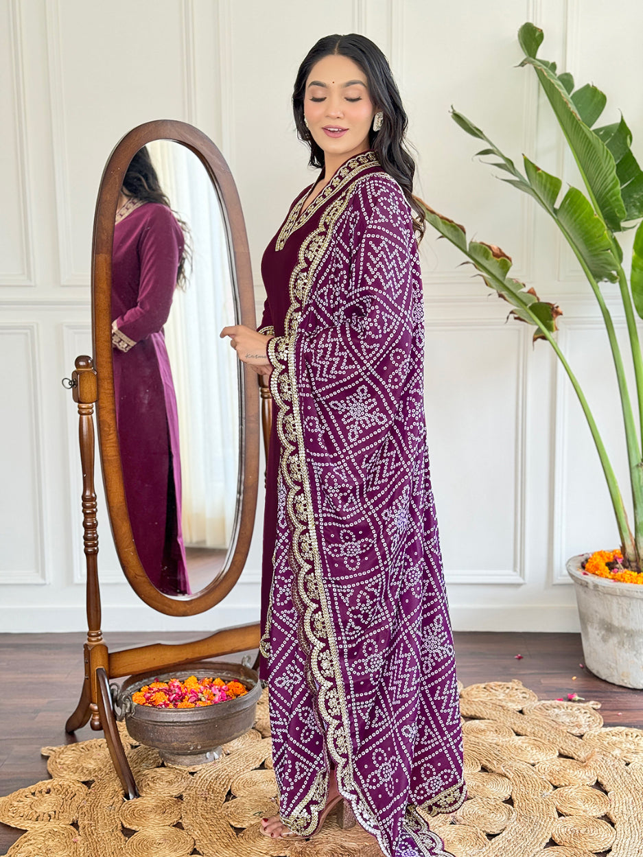 Lyush Women's V Neck Work Viscose Silk Fabric Kurta Pant With Dupatta Set - Maroon