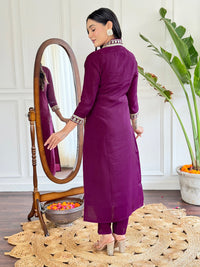 Thumbnail for Lyush Women's V Neck Work Viscose Silk Fabric Kurta Pant With Dupatta Set - Maroon
