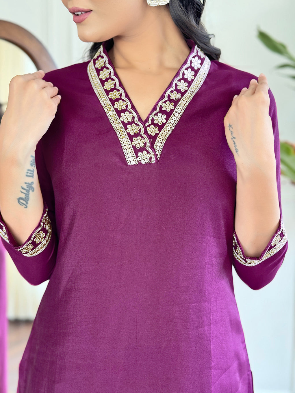 Lyush Women's V Neck Work Viscose Silk Fabric Kurta Pant With Dupatta Set - Maroon