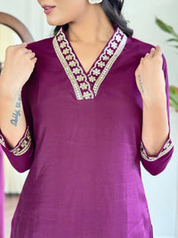 Thumbnail for Lyush Women's V Neck Work Viscose Silk Fabric Kurta Pant With Dupatta Set - Maroon