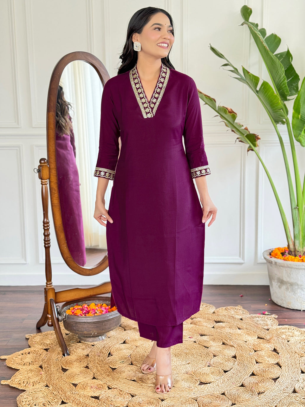 Lyush Women's V Neck Work Viscose Silk Fabric Kurta Pant With Dupatta Set - Maroon