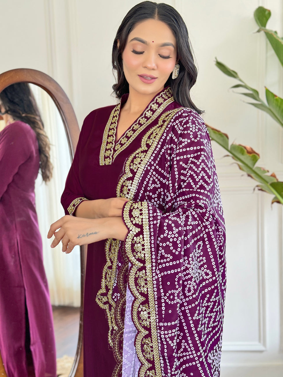 Lyush Women's V Neck Work Viscose Silk Fabric Kurta Pant With Dupatta Set - Maroon