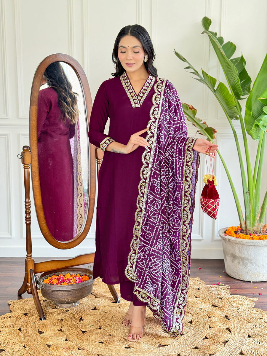 Lyush Women's V Neck Work Viscose Silk Fabric Kurta Pant With Dupatta Set - Maroon