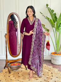 Thumbnail for Lyush Women's V Neck Work Viscose Silk Fabric Kurta Pant With Dupatta Set - Maroon