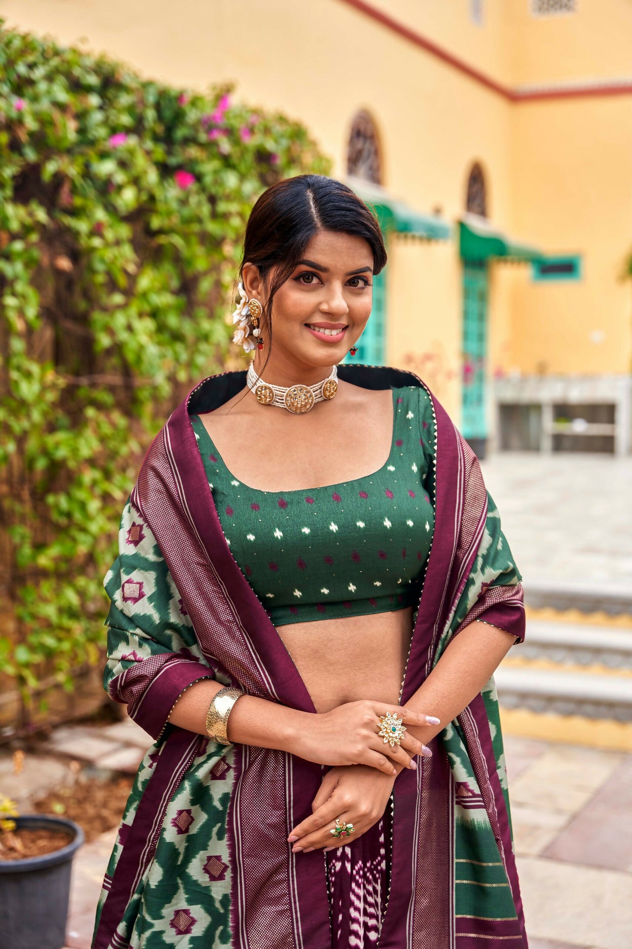 Vastranavya Printed and Foil Work Tussar Silk Lehenga with Unstitched Blouse - Wine