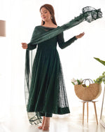 Thumbnail for Lorenvalley Green Pure Soft Faux Georgette Lucknowi Sequence Work Anarkali Pant With Dupatta Set