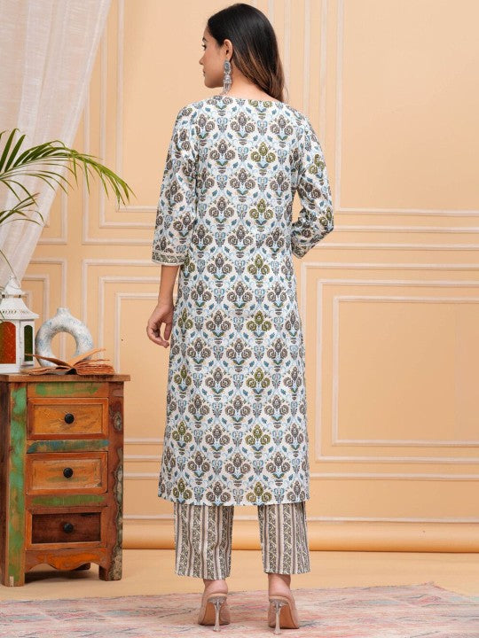 Floral Printed Regular Pure Cotton Straight Kurta with Palazzos & With Dupatta (Grey) - Rasiya