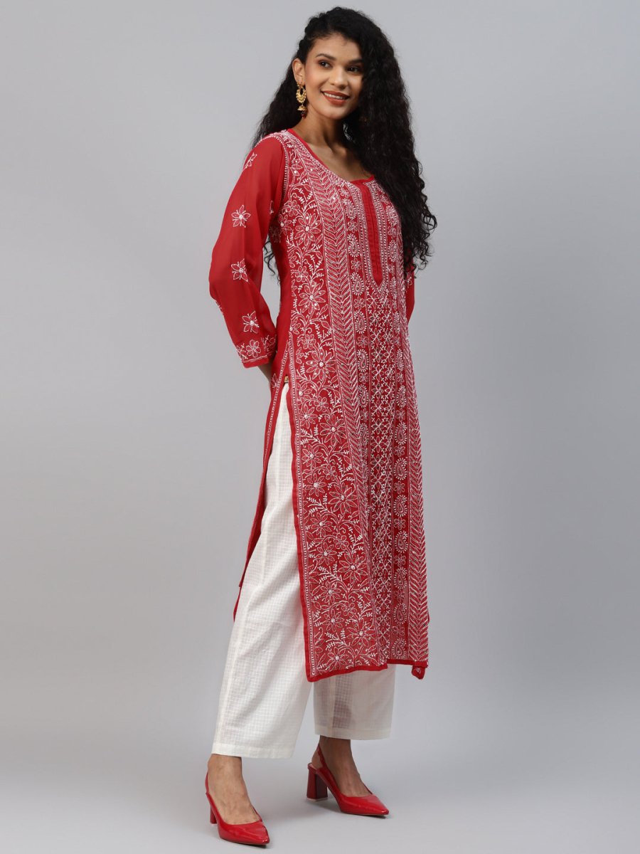 ADA Women Red & White Hand Embroidered Chikankari Sustainable Handloom Kurta With Matching Slip - Distacart