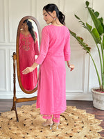 Thumbnail for The52 Pink Thread Work Viscose Fabric Straight Kurta, Pant and Dupatta Set