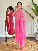 Thumbnail for The52 Pink Thread Work Viscose Fabric Straight Kurta, Pant and Dupatta Set