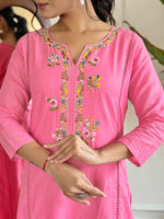 Thumbnail for The52 Pink Thread Work Viscose Fabric Straight Kurta, Pant and Dupatta Set