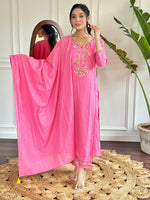 Thumbnail for The52 Pink Thread Work Viscose Fabric Straight Kurta, Pant and Dupatta Set