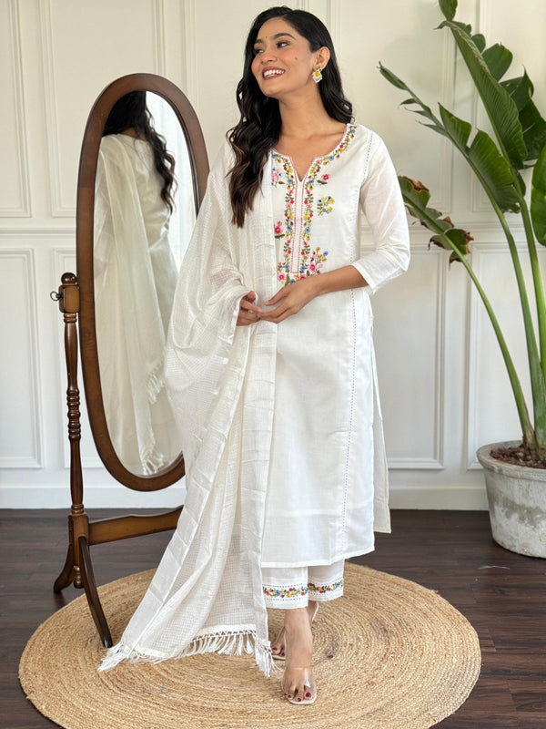 The52 Women's Viscose Thread work Straight Kurta with Pant and Dupatta Set