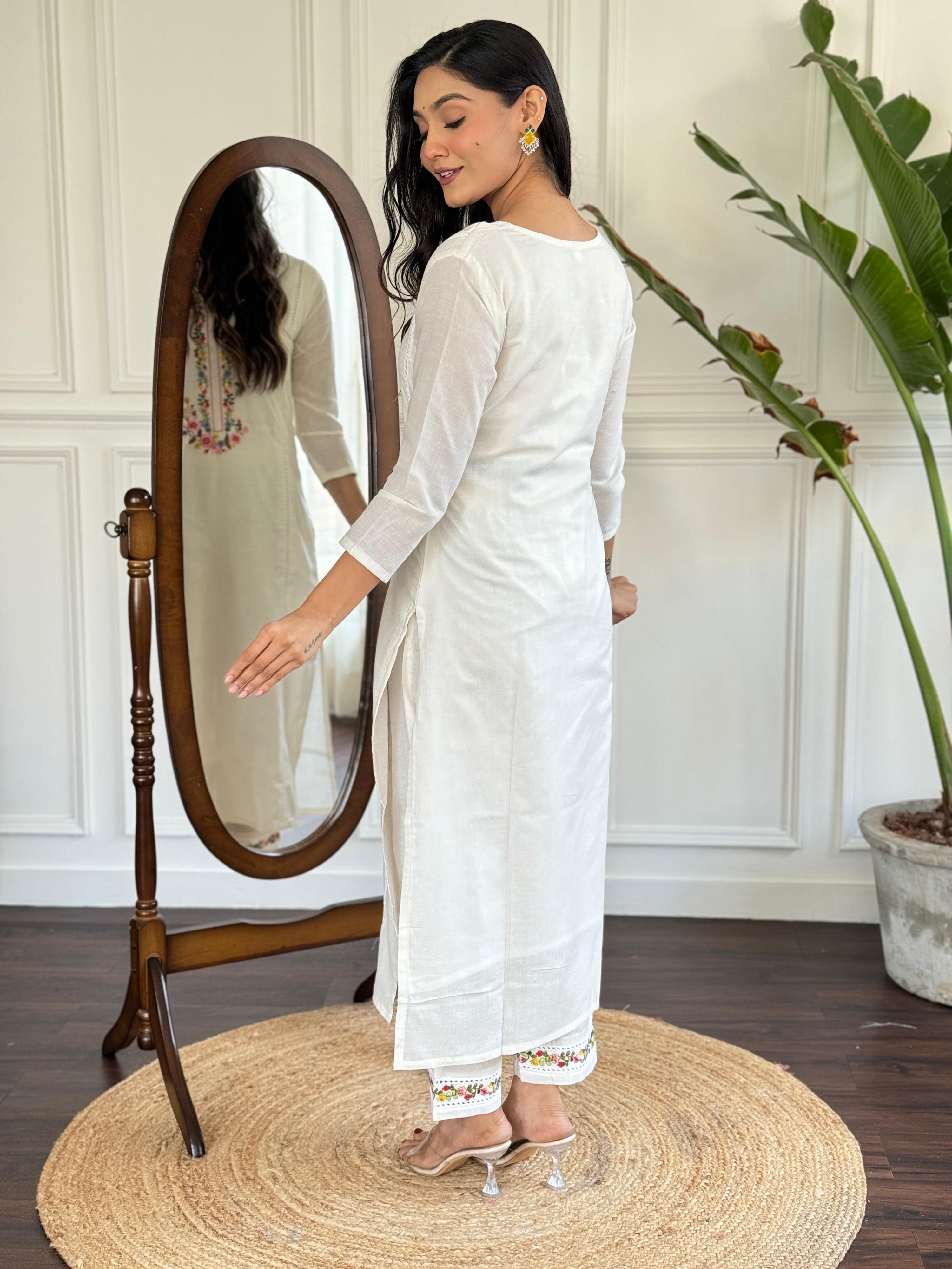 The52 Women's Viscose Thread work Straight Kurta with Pant and Dupatta Set