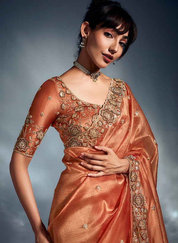 Monjolika Fashion Orange Tissue Organza Saree With Moti, Cutdana & Sequins Work
