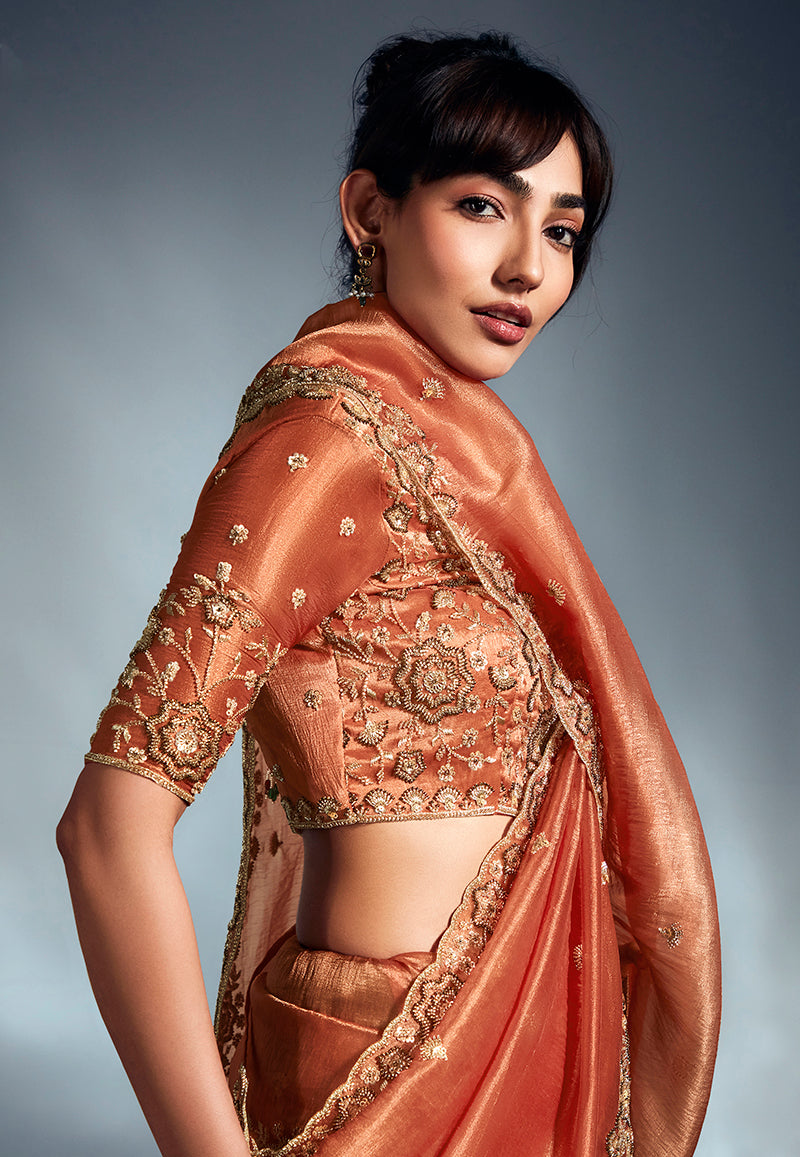 Monjolika Fashion Orange Tissue Organza Saree With Moti, Cutdana & Sequins Work