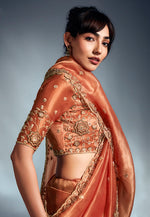 Thumbnail for Monjolika Fashion Orange Tissue Organza Saree With Moti, Cutdana & Sequins Work