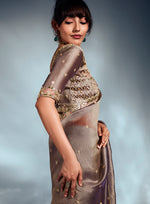 Thumbnail for Monjolika Fashion Light Brown Tissue Organza Saree With Moti, Cutdana & Sequins Work
